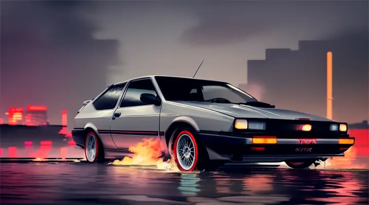 the hood of gray Toyota Corolla AE86 sticks out of the water, the hood of the car sticks up, car almost completely submerged under the water --anime style --background - neon city full of fire and smoke, heavy rain at night