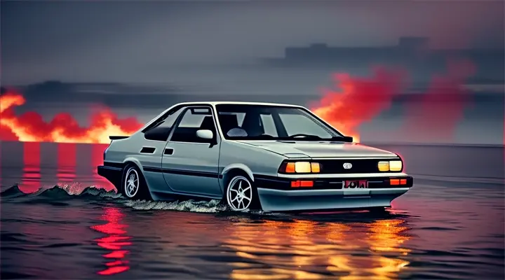 the hood of gray Toyota Corolla AE86 sticks out of the water, the hood of the car sticks up, car almost completely submerged under the water --anime style --background - neon city full of fire and smoke, heavy rain at night