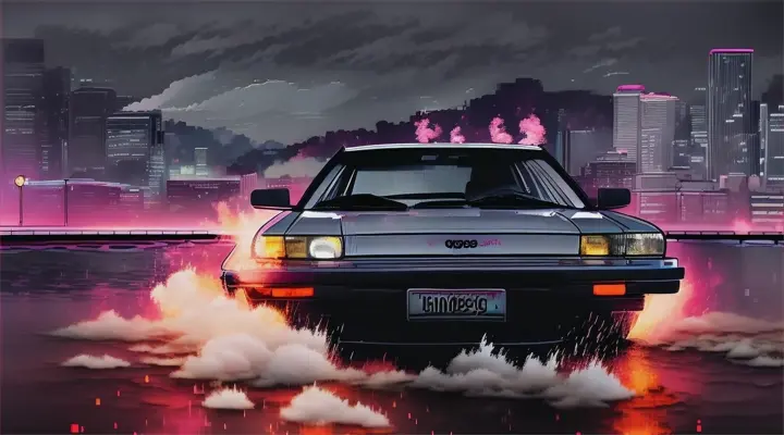 the hood of gray Toyota Corolla AE86 sticks up out of the water, the rest of the car is under water, the hood of the car sticks up, car almost completely submerged under the water --anime style --background - neon city full of fire and smoke, heavy rain at night