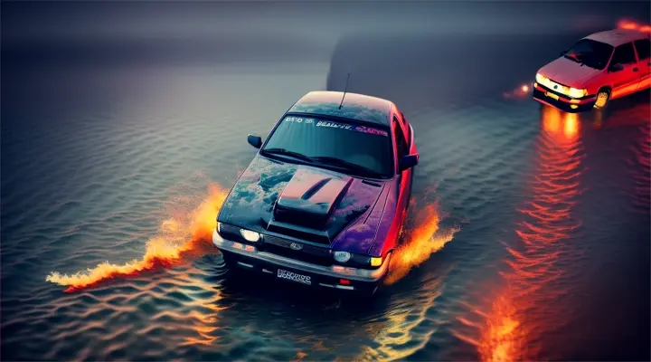 the hood of gray Toyota Corolla AE86 sticks up out of the water, the rest of the car is under water, the hood of the car sticks up, car almost completely submerged under the water --anime style --background - neon city full of fire and smoke, heavy rain at night