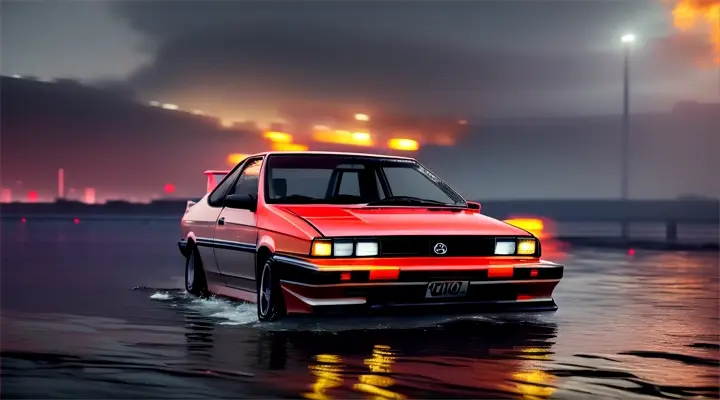 the hood of gray Toyota Corolla AE86 sticks up out of the water, the rest of the car is under water --anime style --background - neon city full of fire and smoke, heavy rain at night