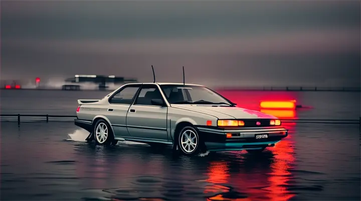 the hood of gray Toyota Corolla AE86 sticks up out of the water, the rest of the car is under water --anime style --background - neon city full of fire and smoke, heavy rain at night