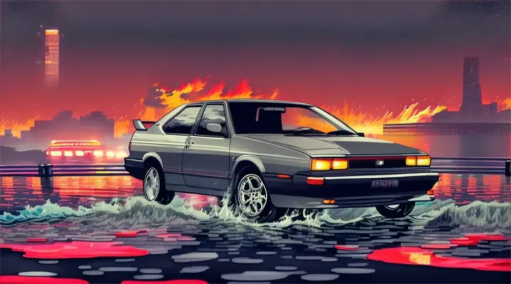 the hood of gray Toyota Corolla AE86 sticks up out of the water, the rest of the car is under water --anime style --background - neon city full of fire and smoke, heavy rain at night