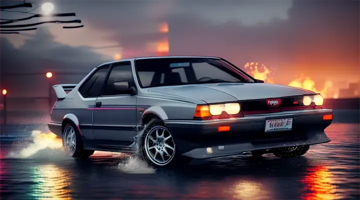 the hood of gray Toyota Corolla AE86 sticks up out of the water, the rest of the car is under water --anime style --background - neon city full of fire and smoke, heavy rain at night