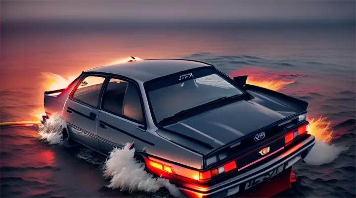 the hood of the car sticks up out of the water, the rest of the car is under water --gray Toyota Corolla AE86 --anime style --background - neon city full of fire and smoke, heavy rain at night
