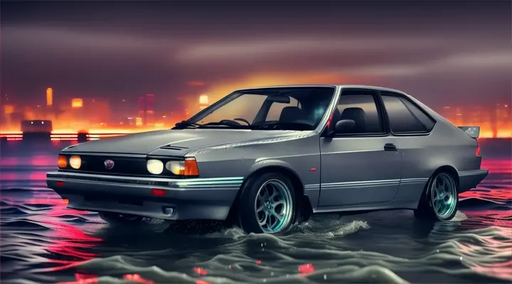 the hood of the car sticks up out of the water, the rest of the car is under water --gray Toyota Corolla AE86 --anime style --background - neon city full of fire and smoke, heavy rain at night