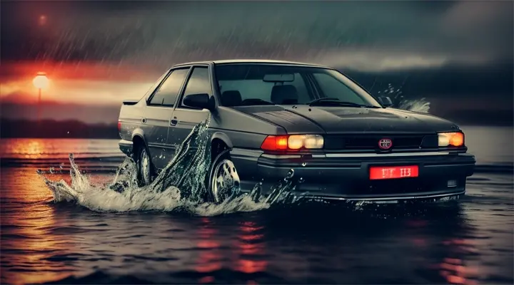the car is sinking in the river, the hood of the car sticks up out of the water, the rest of the car is under water --gray Toyota Corolla AE86 --anime style -- heavy rain at night
