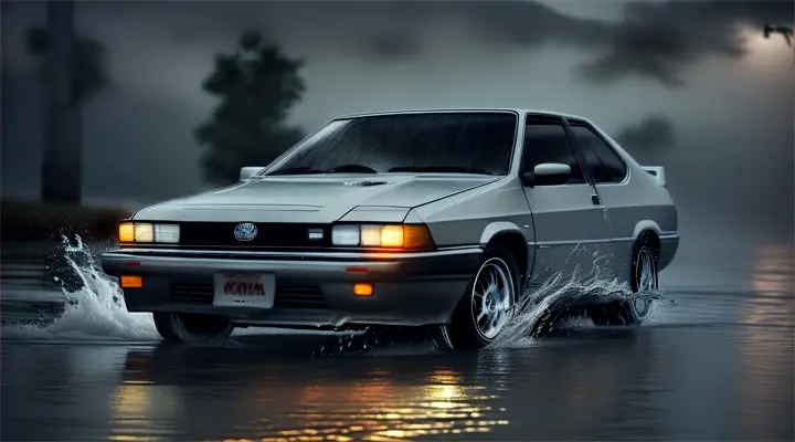 the car is sinking in the river, the hood of the car sticks up out of the water, the rest of the car is under water --gray Toyota Corolla AE86 --anime style -- heavy rain at night