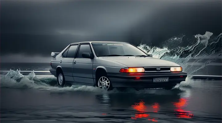 the car with driver and passenger is sinking in the river, the hood of the car sticks up out of the water, the rest of the car is under water --gray Toyota Corolla AE86 --anime style -- heavy rain at night