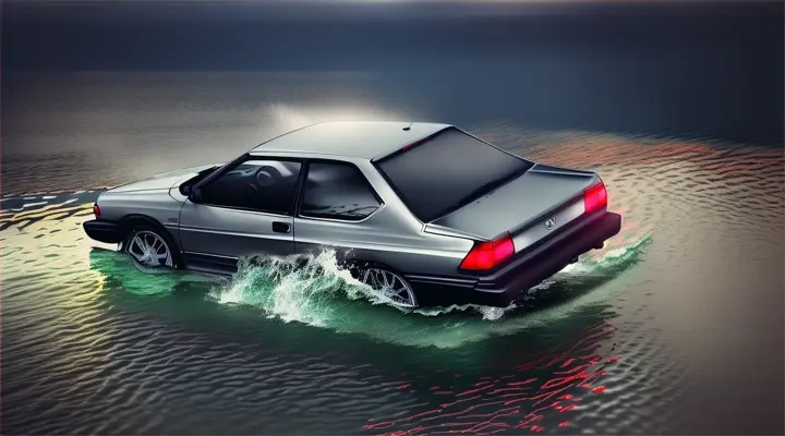 the car with driver and passenger is sinking in the river, the hood of the car sticks up out of the water, the rest of the car is under water --gray Toyota Corolla AE86 --anime style -- heavy rain at night