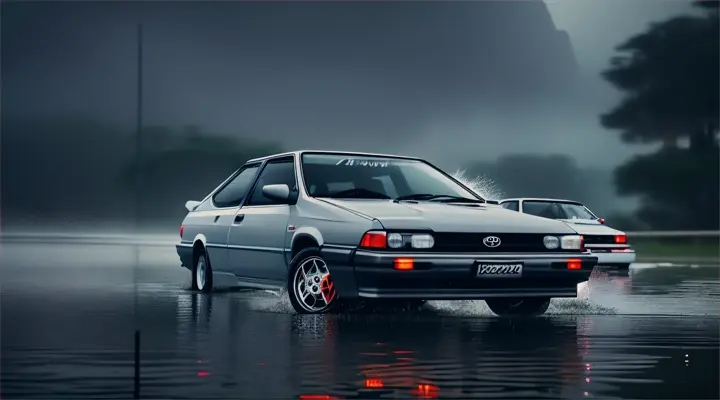 the car sinks vertically upside down in the river, the hood of the car sticks up out of the water, the rest of the car is under water --gray Toyota Corolla AE86 --anime style -- heavy rain at night