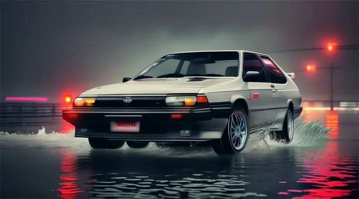 the car sinks vertically upside down in the river, the hood of the car sticks up out of the water, the rest of the car is under water --gray Toyota Corolla AE86 --anime style -- heavy rain at night