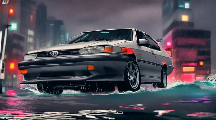 the car sinks vertically upside down in the river, the hood of the car sticks up out of the water, the rest of the car is under water --gray Toyota Corolla AE86 --anime style -- background neon city full of fire, heavy rain at night