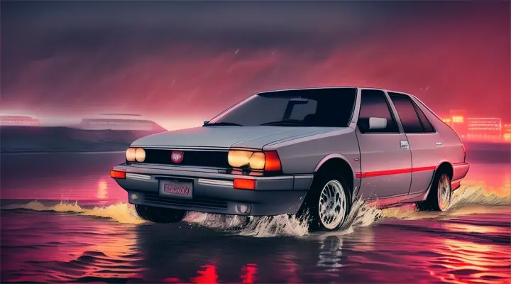 a river in a city engulfed in fire, a car sinks vertically with its nose up in the river, the hood of the car sticks up out of the water, the rest of the car is under water --gray Toyota Corolla AE86 --anime style -- background neon city full of fire, heavy rain at night