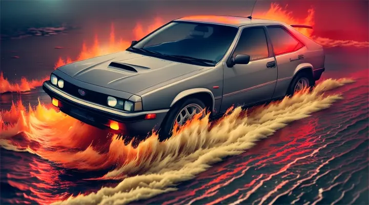 a river in a city engulfed in fire, a car sinks vertically with its nose up in the river, the hood of the car sticks up out of the water, the rest of the car is under water --gray Toyota Corolla AE86 --anime style -- background neon city full of fire, heavy rain at night