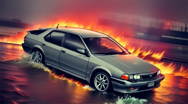 a river in a city engulfed in fire, a car sinks vertically with its nose up in the river, the hood of the car sticks up out of the water, the rest of the car is under water --gray Toyota Corolla AE86 --anime style -- background neon city full of fire, heavy rain at night