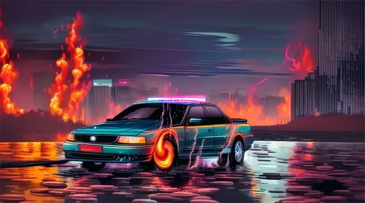 a river in a city engulfed in fire, a car sinks vertically with its nose up in the river, the hood of the car sticks up out of the water, the rest of the car is under water --anime style -- background neon city full of fire, heavy rain at night