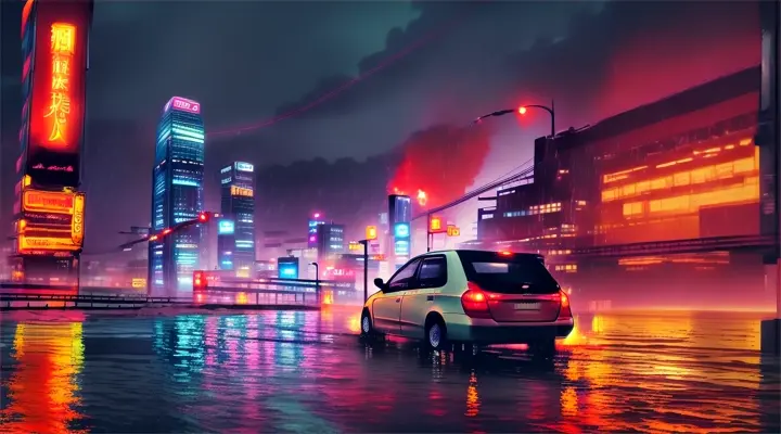a river in a city engulfed in fire, a car sinks vertically with its nose up in the river, the hood of the car sticks up out of the water, the rest of the car is under water --anime style -- background neon city full of fire, heavy rain at night