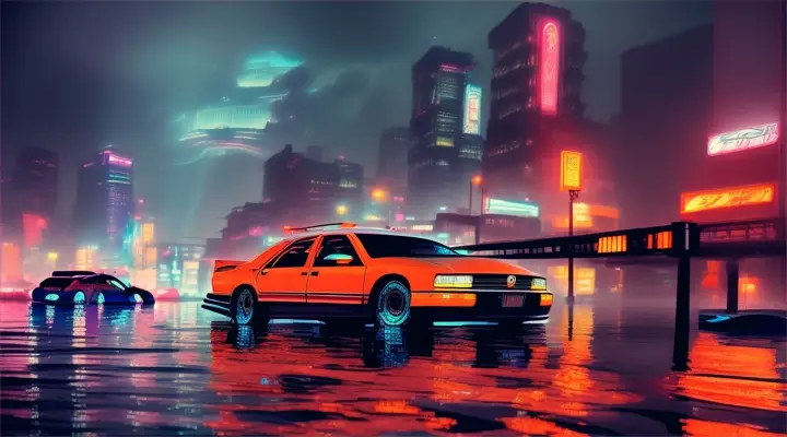 a river in a city engulfed in fire, the car is submerged under water, a car sinks vertically with its nose up in the river, the hood of the car sticks up out of the water, the rest of the car is under water --anime style -- background neon city full of fire, heavy rain at night
