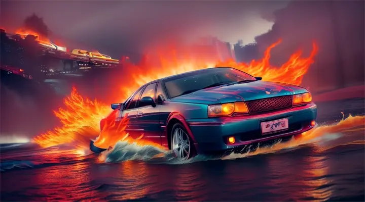 a river in a city engulfed in fire, the car is submerged under water, a car sinks vertically with its nose up in the river, the hood of the car sticks up out of the water, the rest of the car is under water --anime style -- background neon city full of fire, heavy rain at night