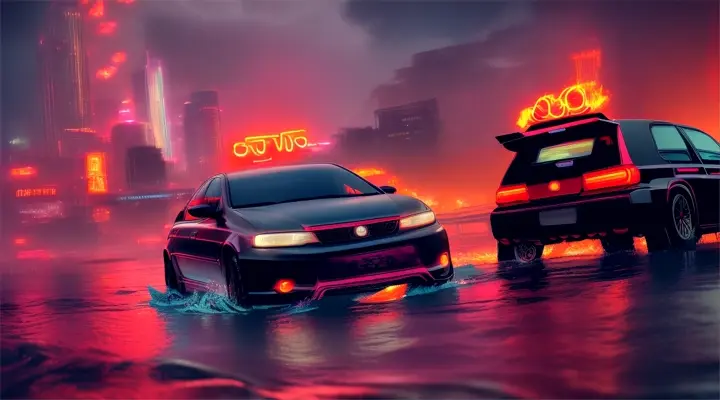 a river in a city engulfed in fire, the car is submerged under water, splashes in all directions --anime style -- background neon city full of fire, heavy rain at night