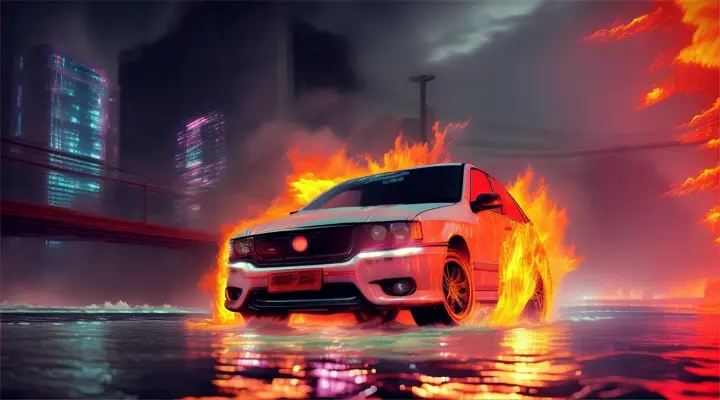 a river in a city engulfed in fire, the car is submerged under water, splashes in all directions --anime style -- background neon city full of fire, heavy rain at night