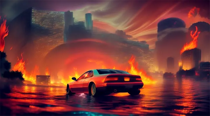a river in a city engulfed in fire, circles on the water from a sunken car, its headlights shining vertically upward from under the water --anime style -- background neon city full of fire, heavy rain at night