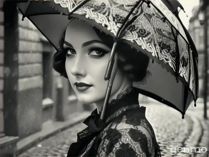 Lady in black and white image with umbrella on cobbled streets 1920's chic