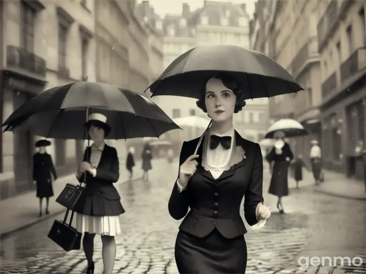 Lady in black and white image with umbrella on cobbled streets 1920's chic