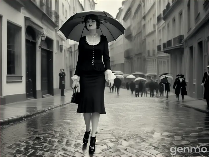 Lady in black and white image with umbrella on cobbled streets 1920's chic