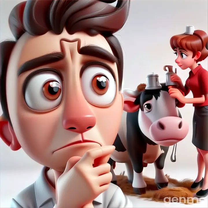 a cartoon character is looking at a cow talking self