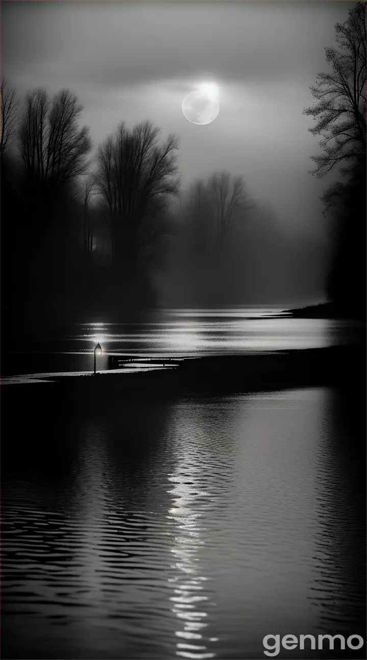 horror, dark water landscape, blood moon, ominous