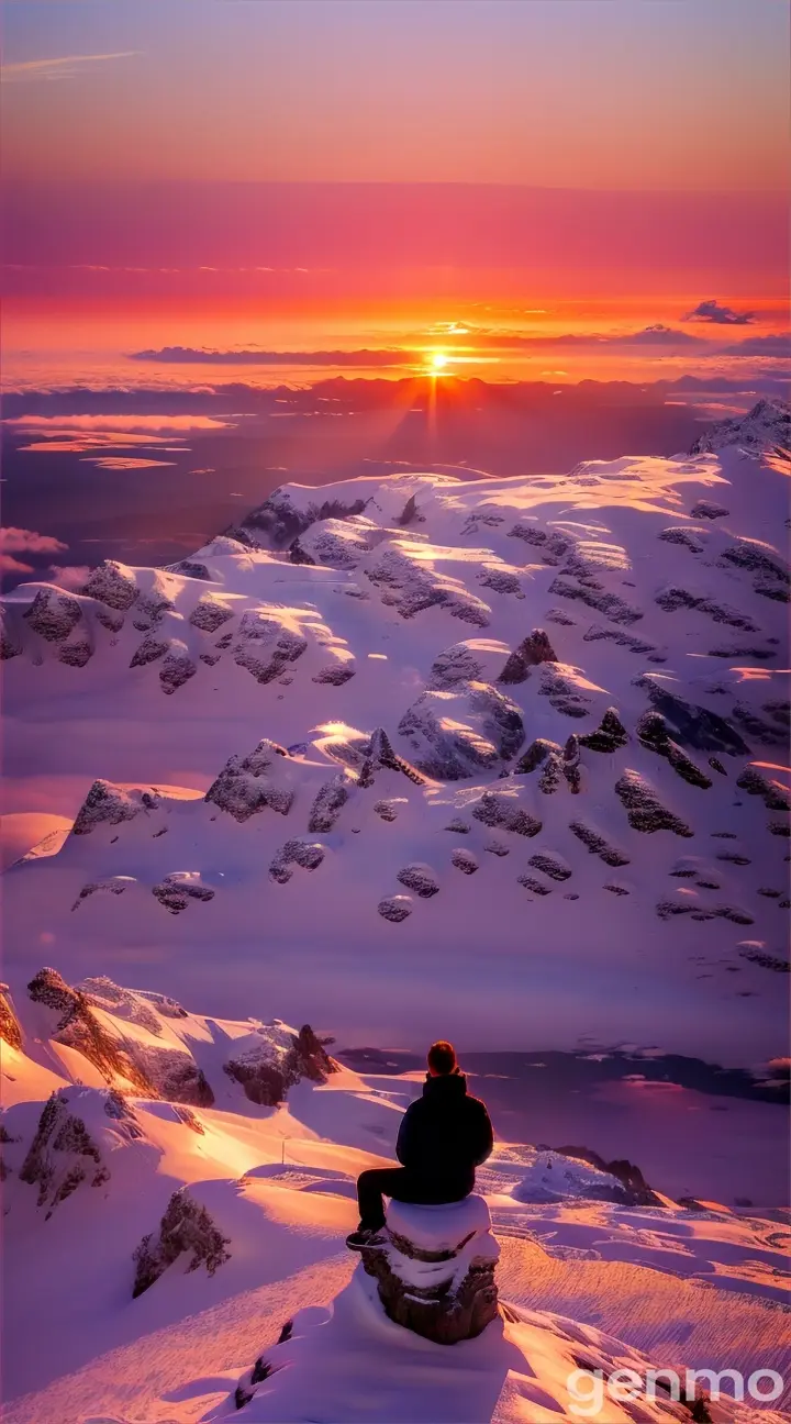 A blacked out figure meditating on a mountaintop, overlooking a breathtaking vista of the earth below