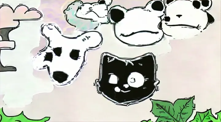 a drawing memes of a frog, dog and a cat with clouds in the background