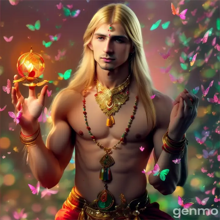 A young Slavic blond and long-haired and thin guy in a transparent red-green-golden T-shirt in the style of Bharatanatyam, around him swinging multi-colored crystal necklaces, and looks openly into the camera against the background of fluttering flowers and multi-colored bright silk fabrics. In his hands sitar. And nearby butterflies flutter around him. Everything around sparkles and shimmers with multi-colored glowing crystal balls.