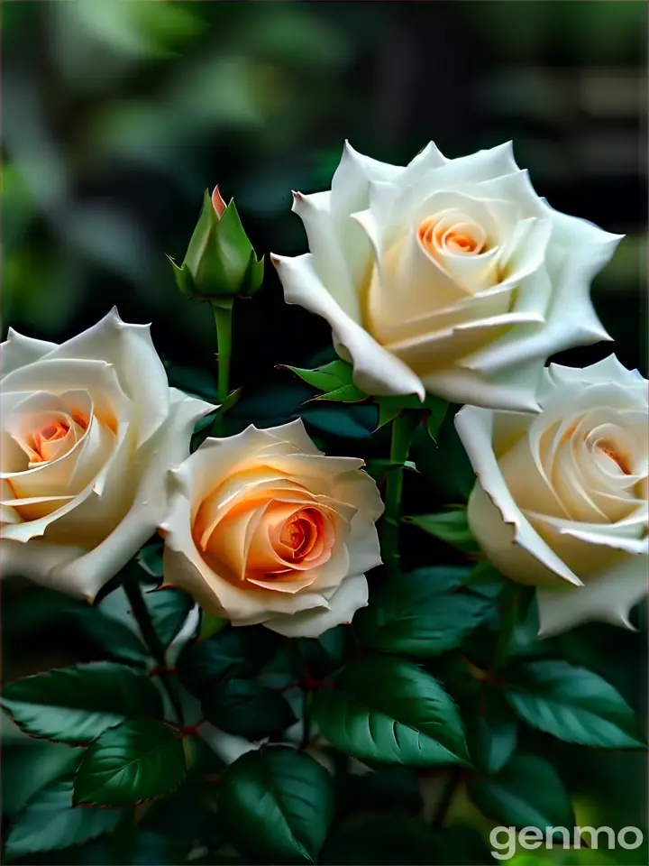 a bunch of white roses with green leaves