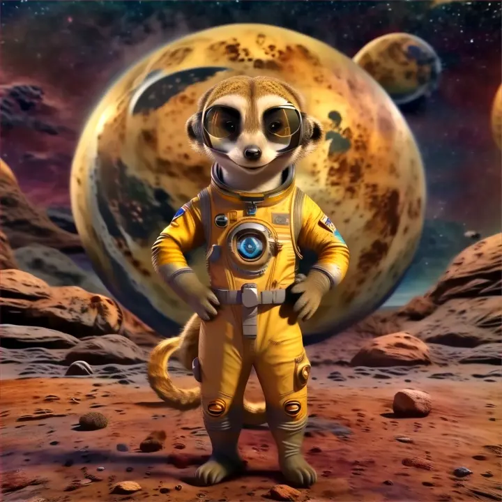 meerkat astronaut, sky, astronomical object, happy, art, space, landscape, sunglasses, personal protective equipment, eyewear