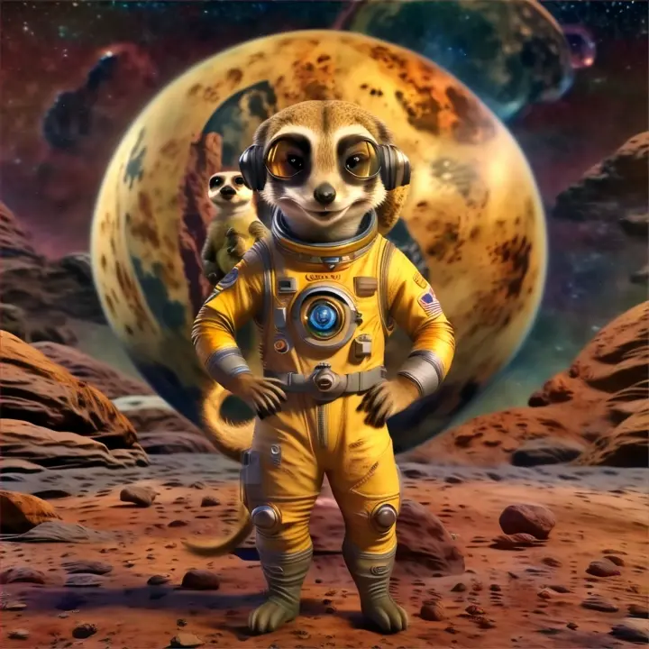 meerkat astronaut, sky, astronomical object, happy, art, space, landscape, sunglasses, personal protective equipment, eyewear