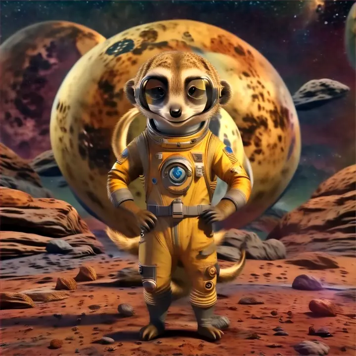 meerkat astronaut, sky, astronomical object, happy, art, space, landscape, sunglasses, personal protective equipment, eyewear