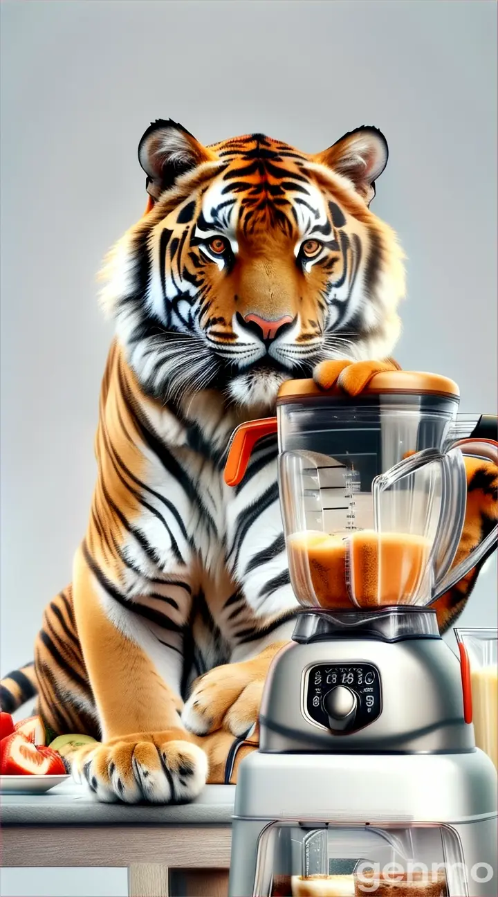 a picture of a tiger sitting next to a blender