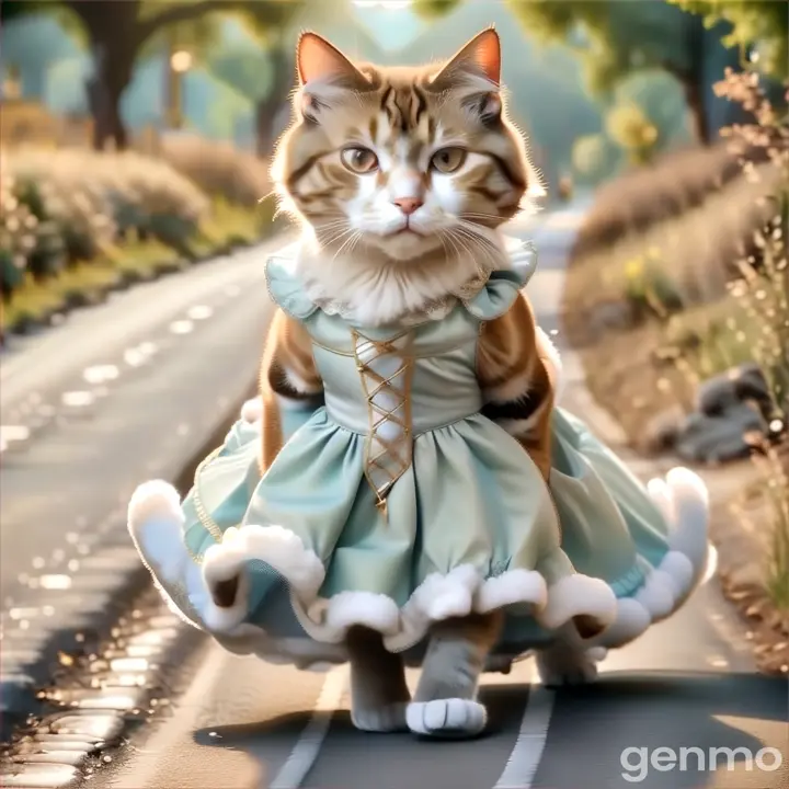 a cat in a dress is walking down the road