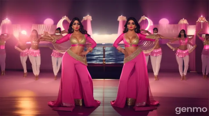 Medium shot of a glamorous Pakistani woman in a stylish pink outfit dancing energetically with backup dancers, vibrant lights, and a luxurious private yacht cruising along a serene, moonlit ocean, capturing a glamorous Bollywood vibe.