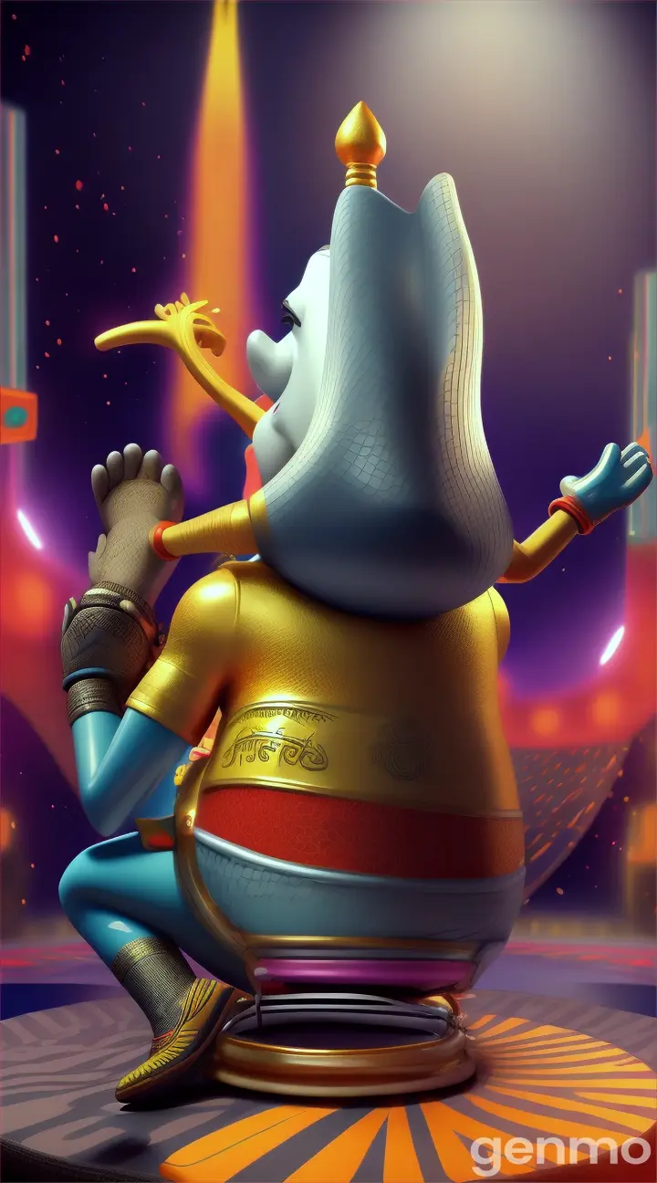 Ganesh bhgwan playing drum set rocking  running music flock cartoon 3d