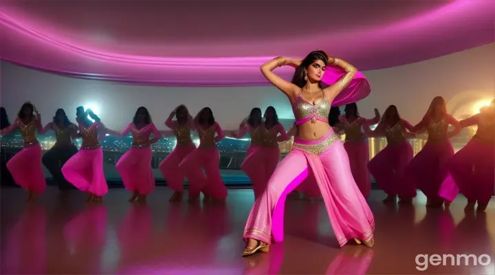 Medium shot of a glamorous Pakistani woman in a stylish pink outfit dancing energetically with backup dancers, vibrant lights, and a luxurious private yacht cruising along a serene, moonlit ocean, capturing a glamorous Bollywood vibe.