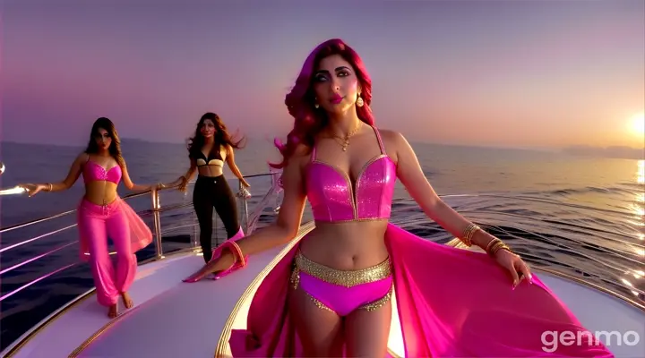 Medium shot of a glamorous Pakistani woman in a stylish pink outfit dancing energetically with backup dancers, vibrant lights, and a luxurious private yacht cruising along a serene, moonlit ocean, capturing a glamorous Bollywood vibe.