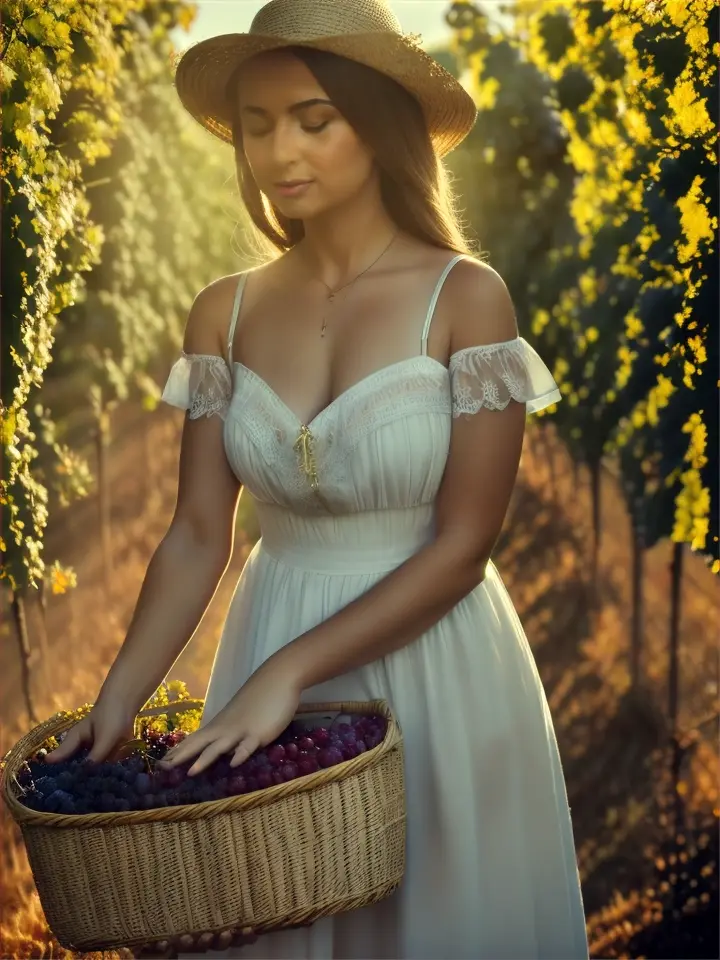 A stunning woman in a flowing summer dress standing among rows of lush grape vines, bathed in golden hour light during harvest season