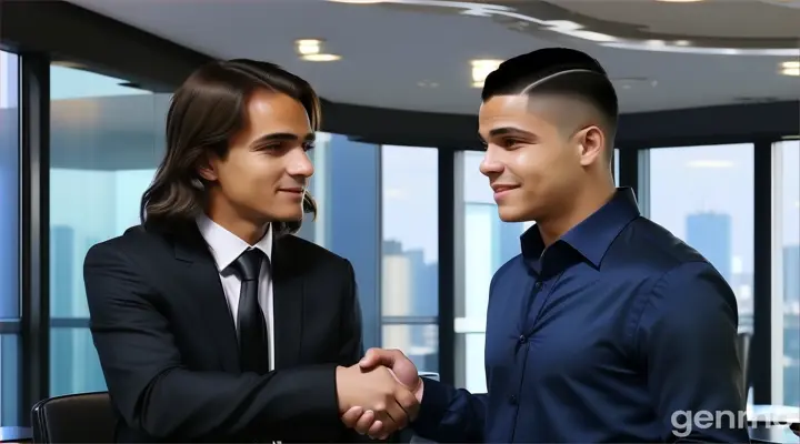 at 21st floor, inside the boardroom, a 50 years old man with Fringe long brown hair in black suit and a young man with Skin fade Buzz cut black hair in dark blue long sleeve formal shirt standing in front of conference table shaking hands 