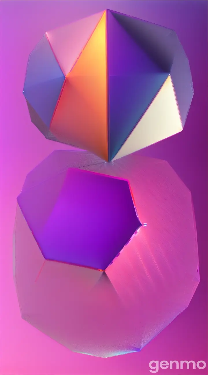 Create an abstract design featuring glossy, geometric colorful shapes, ICOSAHEDRON, OCTAHEDRON, TORUS of varying sizes clustered together with a liquid touch. The background should be a soft pastel violet, enhancing the shiny texture of the spheres, with a modern and minimalist aesthetic