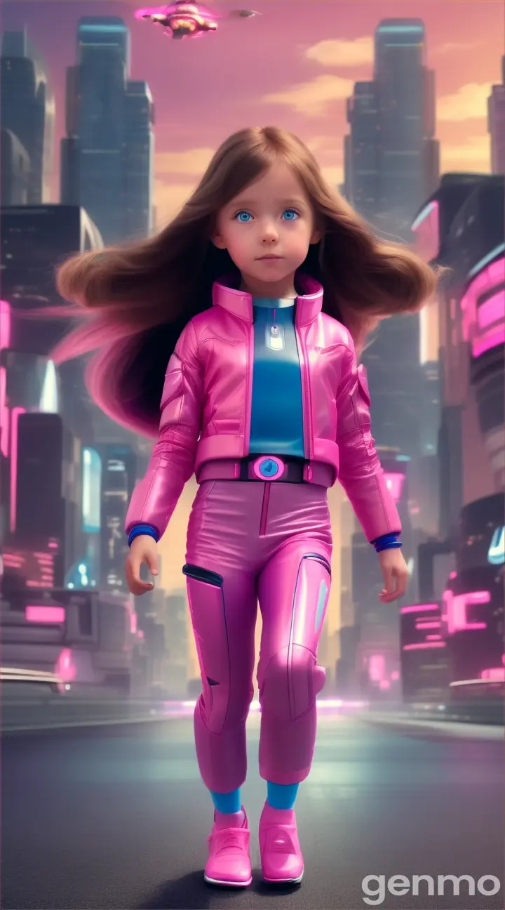 Futuristic little girl of 5 years age is running towards us in a pink and blue matte outfit, beautiful long hair and beautiful eyes, 9:16 ratio