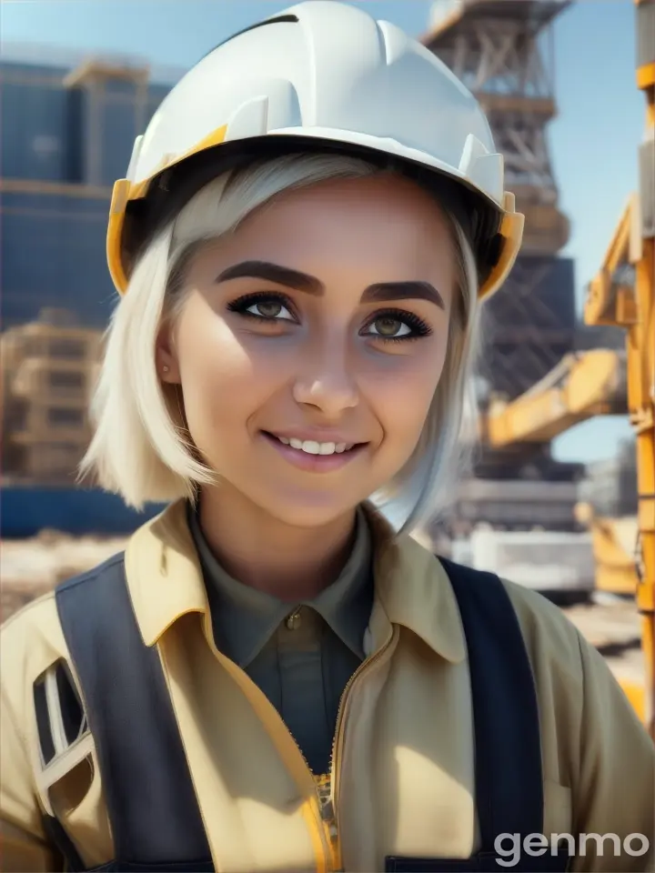 A beautiful young woman with olive skin, short white hair, and captivating eyes, dressed in construction gear, with a friendly expression,